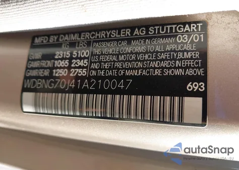 2001 Mercedes-Benz S 430 from USA, damaged, VIN WDBNG70J41A210047